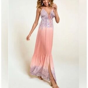 Venus Maxi Dress Linen Blend Plunge V Neck  Ruffle Hemline Sexy Boho Resort Sz 8